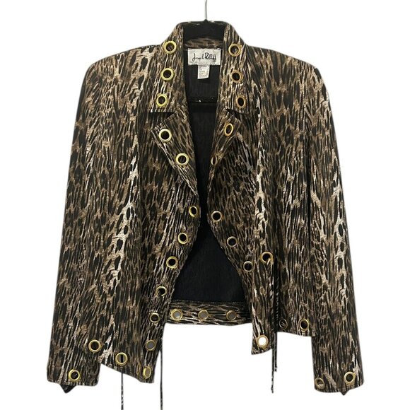Joseph Ribkoff Leopard Jacket Sz 4 | Cropped Rivet Tie Front Blazer Punk Edgy - Picture 1 of 8